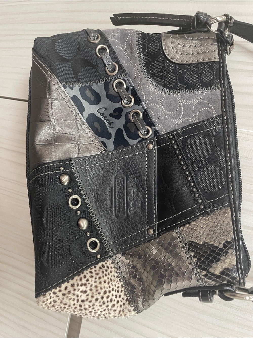Coach Patchwork Shoulder Bag in Black, Gray, and Cream - Picture 2 of 4